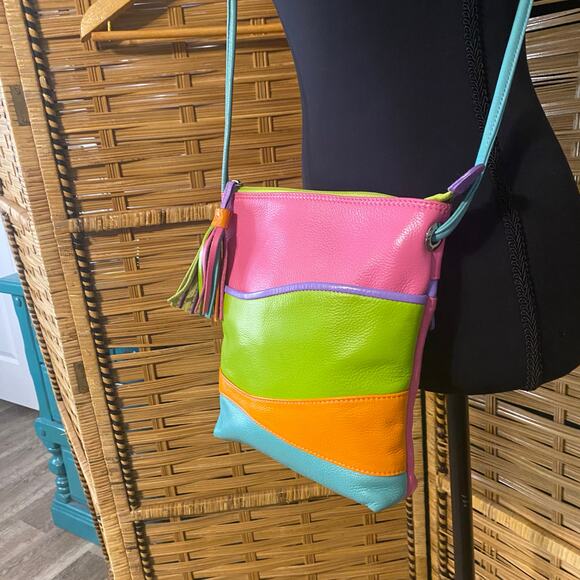 iii New York Genuine Leather Colorblock Crossbody Bag rainbow Retro Y2K purse - Picture 5 of 11